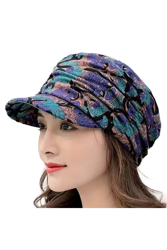 Blue Baseball Caps for Women Under $5 Women's Short Brim Foldable Earflap Cap Ethnic Floral Print Autumn Winter Hat Muslim Hat