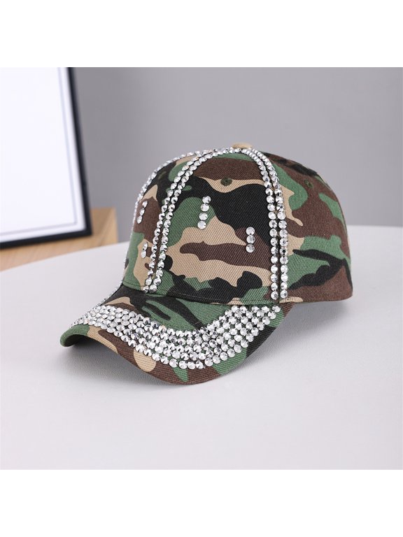 Camouflage Full Rhinestone Baseball Cap, Western Bling Crystal Vintage Visor Hat, Outdoor Sparkle Casual Sun Hat, Adjustable Womens Camo Dad Hat