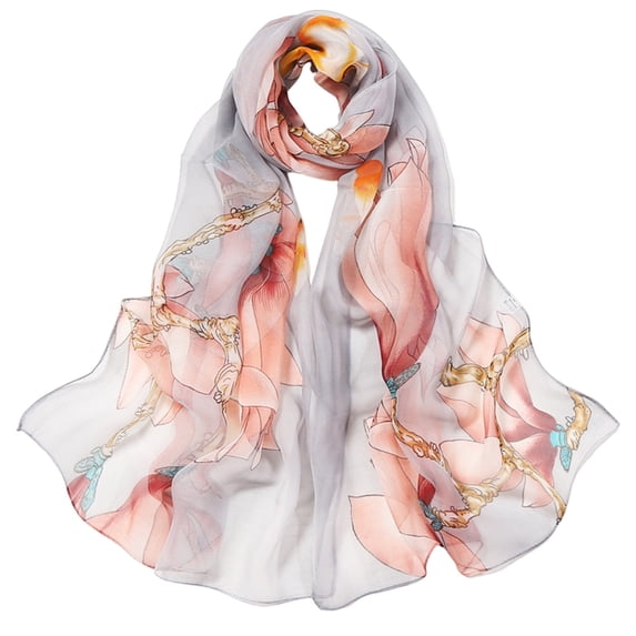 LSONABXA Gray2 Silk Scarves for Women Under $5 Lightweight Print Floral Pattern Scarf for Women Fashion Sunscreen Shawl Wrap for Spring Polyester Scarf