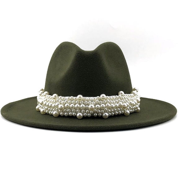 LSONABXA Green Bucket Hats for Women Under $10 Women's British Style Elegant Jazz Hat Pearl Ring Top Big Brim Woolen Hat Polyester Fisherman's Hat