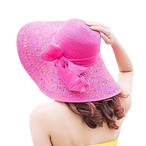 LSONABXA Hot Pink Baseball Caps for Women Under $10 Women Colorful Big Brim Straw Bow Hat Floppy Wide Brim Beach Cap Muslim Hat