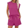 thumbnail image 1 of LSONABXA Hot Pink Baseball Caps for Women Under $15 Women's Cap Sleeve Crewneck Top & Drawstring Short Outfit Two Piece Set T Shirt And Short, 1 of 6