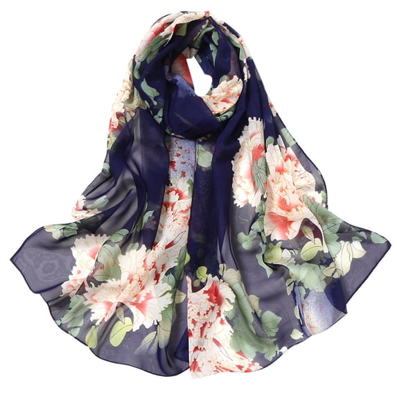 Summer Sales LSONABXA Saving $5 Navy Scarf for Women Under $5 Women Flower Print Long Soft Wrap Scarf Simulation Silk Shawl Scarves Polyester Scarf