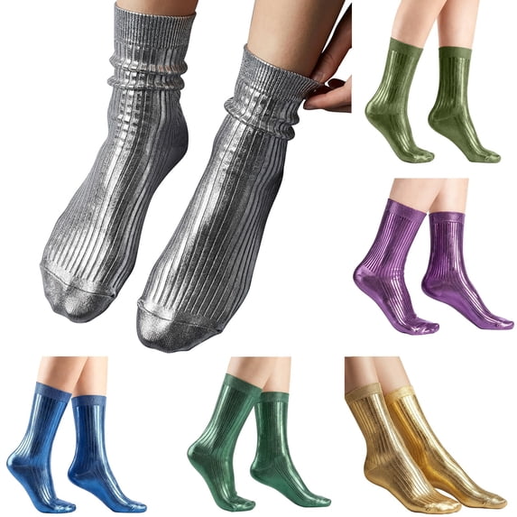 Hot Sales LSONABXA Saving $5 Purple Stockings for Women Shiny Ribbed Laminated Socks Polyester Long Socks for Women