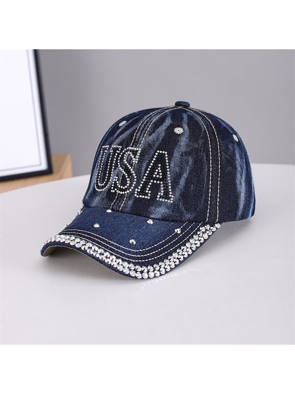 USA Rhinestone Distressed Denim Baseball Cap, Bling Vintage Washed Visor Hat, Sparkle Crystal Casual Sun Hat, Adjustable Womens Denim Dad Hat