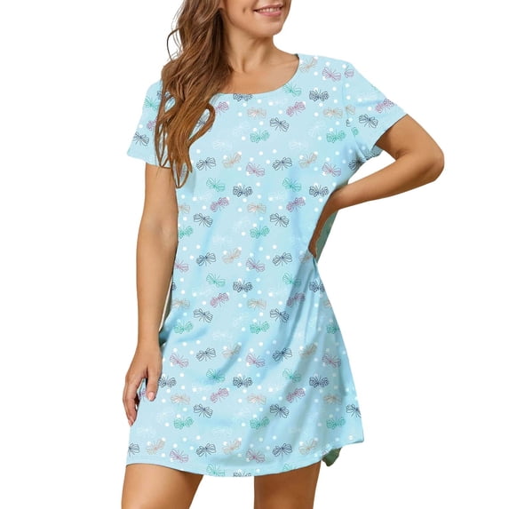 Summer Sales LSONABXA Saving $5 Womens Nightgowns Cotton Sleepwear Plus Size Sleep Shirt Short Sleeve Nightshirt Print Sleepshirt(Sky Blue,L)