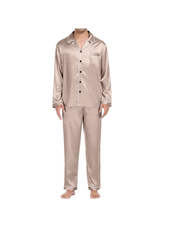 Womens Silk Satin Pajama Sets 2 Piece Sleepwear Pjs Set Long Sleeve Button Down Top and Pants Loungewear(Beige,3XL)