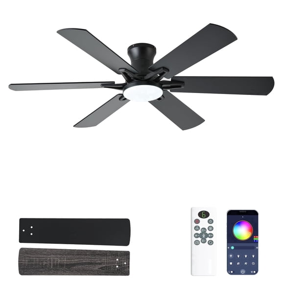 LSPMKE 52 Inch Ceiling Fan with Light and Remote, Low Profile Flush Mount Ceiling Fan, Quiet Reversible DC Motor, 3CCT Dimmable, Black RGB, for Bedroom, Living Room, Indoor/Outdoor