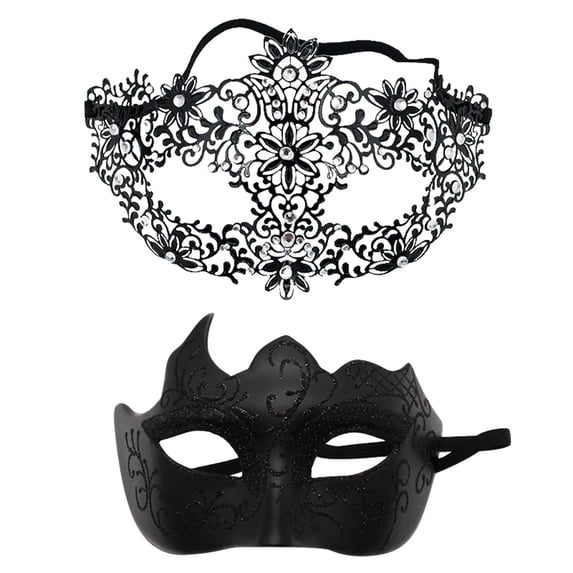 LSQii Couple Masquerade Masks Set Elegant Metal Mask Venetian Balls Mardi Gras Outfit Carnival Party Performances Fashion Accessories Black