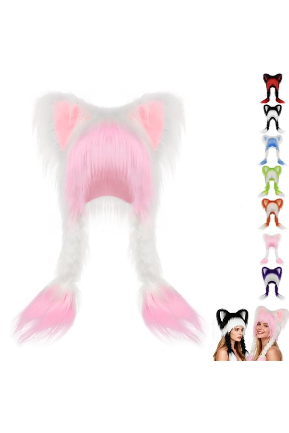 Cute Plush Cat Hat for Women Soft Fluffy Animal Ear Headwear Winter Warm Earmuffs Head Mask with 2 Braids Party Fashion Accessory Pink