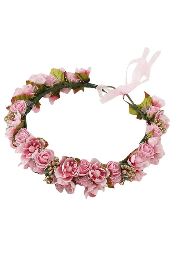 Flower Crown Headband for Women Fairy Style Elegant Sweet Hair Band Chiffon Floral Garland Hair Wreath for Bridal Wedding Spring Summer Pink