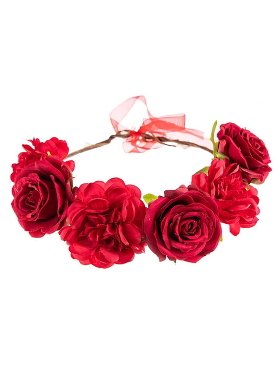Flower Crown Headband for Women Fairy Style Elegant Sweet Hair Band Chiffon Floral Garland Hair Wreath for Bridal Wedding Spring Summer Red