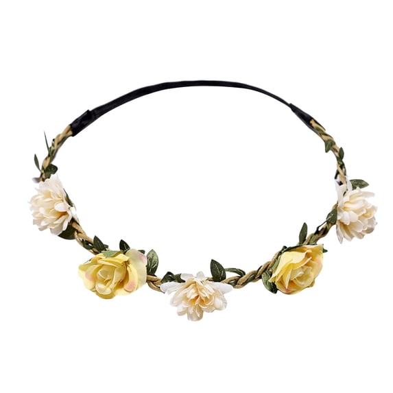 LSQii Flower Crown Headband for Women Fairy Style Elegant Sweet Hair Band Chiffon Floral Garland Hair Wreath for Bridal Wedding Spring Summer Yellow