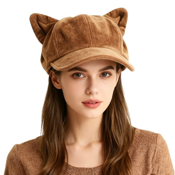 LSQii Hats for Women Cute Casual Solid Color Knitted Beret Cat Ear Newsboy Tongue Caps Winter Spring Fashion Accessories for Girls Brown