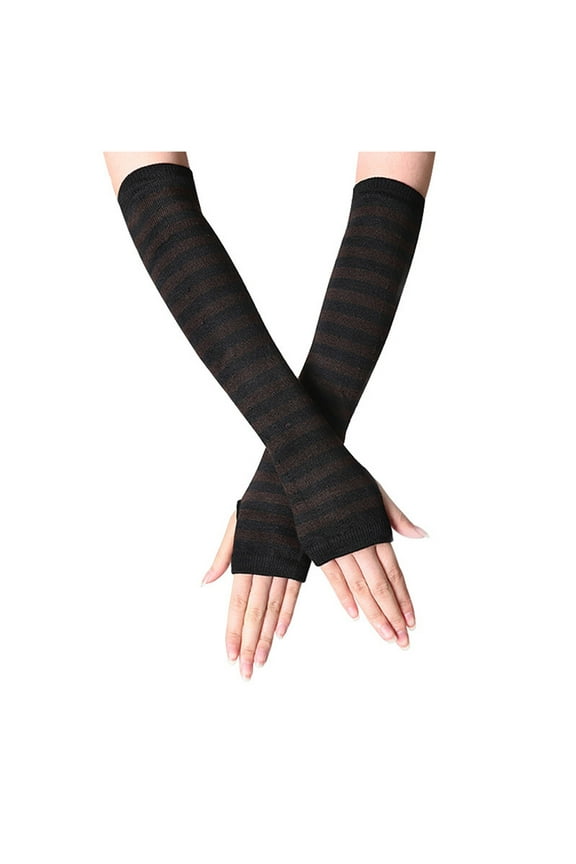 Long Fingerless Gloves Women Casual Cozy Striped Knitted Arm Warmers with Thumb Hole Soft Fashion Punk Gothic Rock Y2k Emo Scene Coffee
