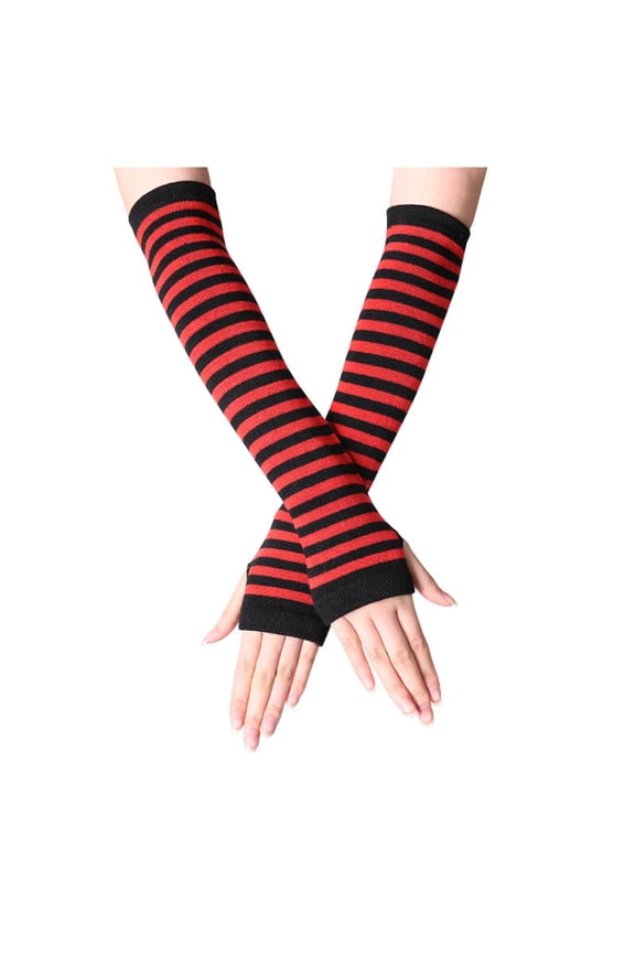Long Fingerless Gloves Women Casual Cozy Striped Knitted Arm Warmers with Thumb Hole Soft Fashion Punk Gothic Rock Y2k Emo Scene Red,Under $3