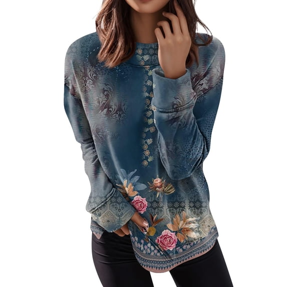 LSQii Long Sleeve Sweaters for Women Basic Crewneck Tee Chunky Warm Embroidered Casual Loose Jumper Top Winter Clothing Dressy Soft Dark Blue XL