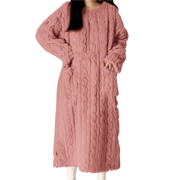 LSQii Nightgown Women Long Sleeve Sleepwear Cute Women's Casual Loose Long Nightgowns Solid Color Lightweight Sweaters Winter Clothes Pink Size M Sleep Dress