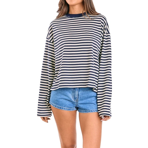 LSQii Rib Knit Sweatshirt Underscrubs Layer Clothes Blue Size XS Women Oversized Striped Long Sleeve Shirt Casual Loose Jumper Top Lightweight Sweaters Winter Fall 2025