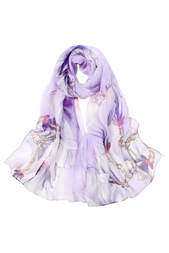 Scarf for Women Casual Lightweight Floral Print Boho Chiffon Scarves Large Long Sunscreen Beach Shawl Wrap for Travel Vacation Spring Summer Purple