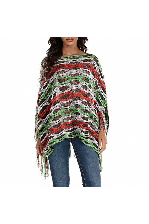 Shawl Wraps for Women Solid Color Loose Hollow Out Coat Pullover Cape Fringed Splice Poncho With Tassels Holiday Costume Accessories Daily Wear Red