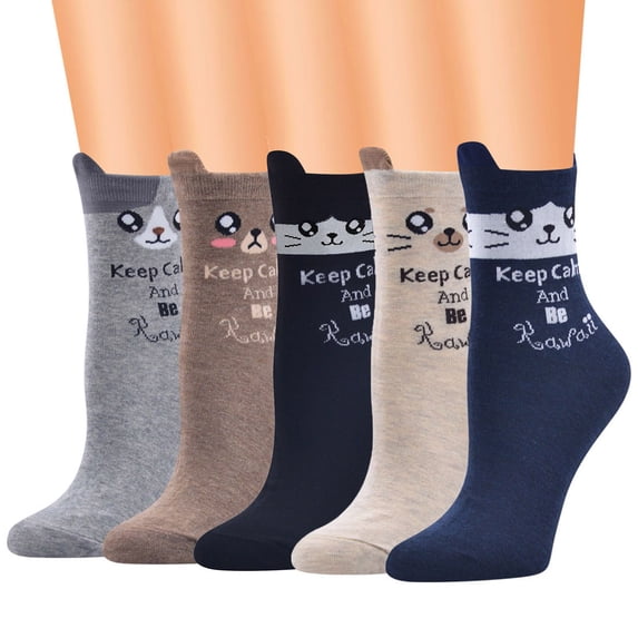 LSQii Socks for Women Casual Cute Cat Meow Cotton Non Slip Summer Crew Sock Moisture Wicking for Sport Outdoor Daily Leisure Outfit Navy,Under $3