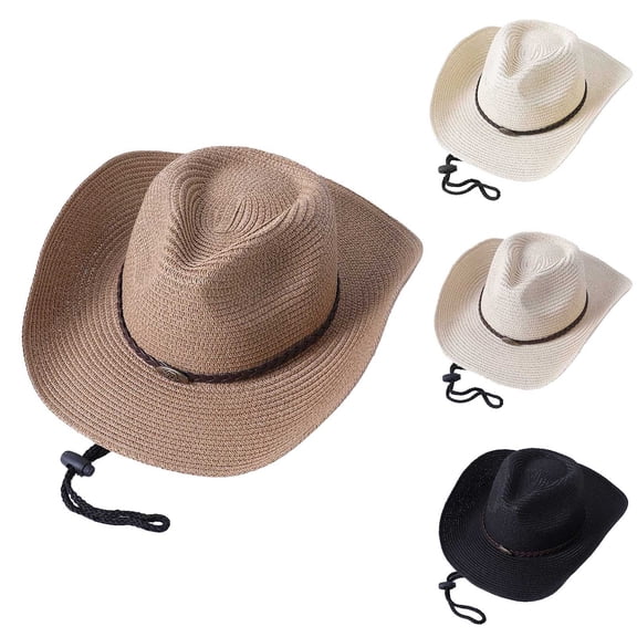 LSQii Summer Sun Hat for Women Men Wide Brim Straw West Cowboy Cap UV Protection Cowgirl Hat with Adjustable Strap Sunshade Beige for Vacation Travel Beach