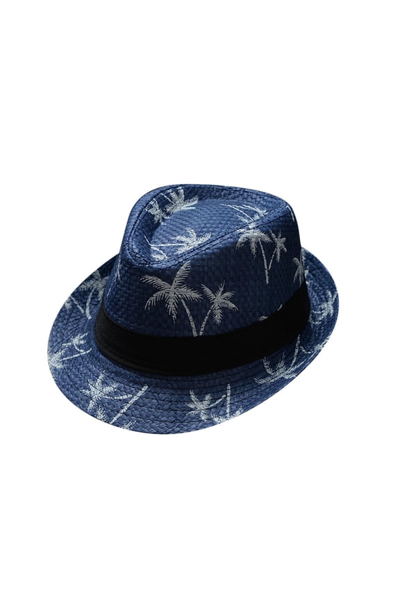Sun Hat for Women Men Casual Wide Brim UV Protection Straw Panama Cap Palm Tree Print Belt Jazz Hat Khaki for Vacation Travel Beach Outdoor Waer