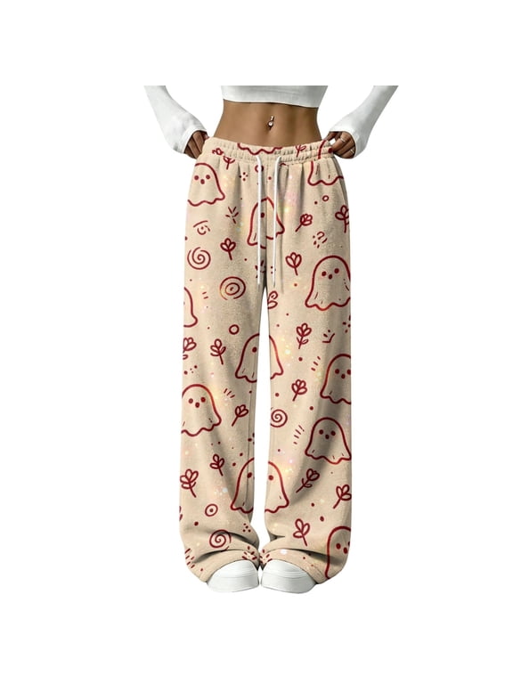 Sweatpants Halloween Cute Cartoon Ghost Print Wide Leg Pants for Women Loose Fit Drawstring Waist Jogger Trick or Treat Casual Loose Yoga Trouser Fall Fashion | L Size