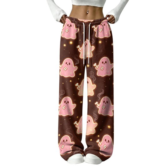LSQii Sweatpants Halloween Cute Cartoon Ghost Print Wide Leg Pants for Women Loose Fit Drawstring Waist Jogger Trick or Treat Casual Loose Yoga Trouser Fall Fashion | S Size