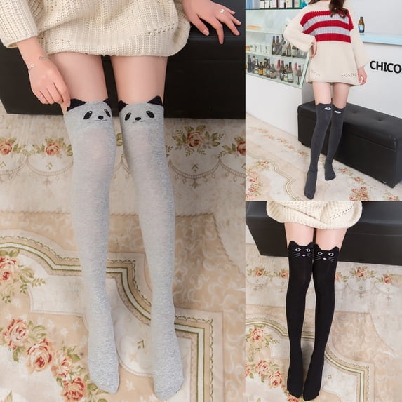 LSQii Thigh High Socks for Women Casual Cute Animal Long Boot Stocking Non‑Slip Leg Warmer Swwet Soft Over Knee High Socks Y2K Outdoor Fashion 2026 Black