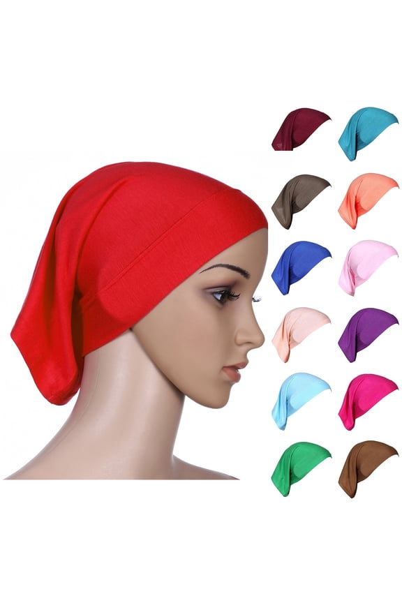 Women Hijab Undercap Stretch Solid Color Islamic Muslim Inner Under Scarf Lightweight Turban Breathable Beanie (Red) Head Scarf Daily Wear Sleeping