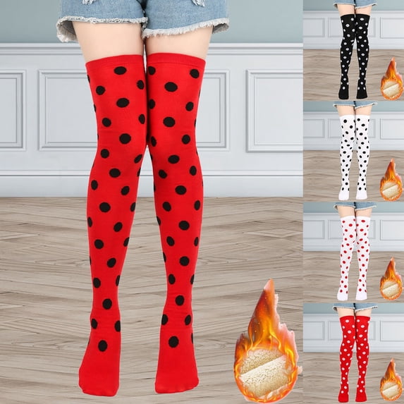 LSQii Women Thigh High Socks Casual Polka Dot Long Boot Stocking Leg Warmer Knit Cotton Soft Over Knee High Socks Retro Dress Up,Daily Wear Red