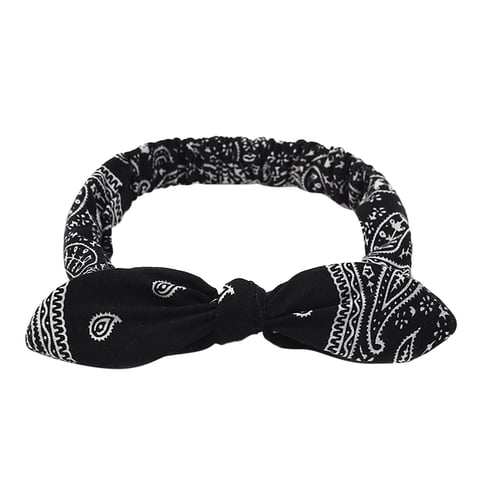 LSQii Women's Headband Cute Elastic Printing Bow Knotted Turban Non Slip Trendy Wraps Fashion Hair Accessories for Workout Sport Black,Under $3
