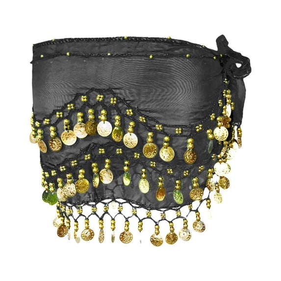 LSQii Women's Sequin Tassel Skirt Chiffon Glitter Sparkly Fringe Waist Hip Scarf Belly Dance Performance Belt Waist Cover Carnival Festival Outfits Black