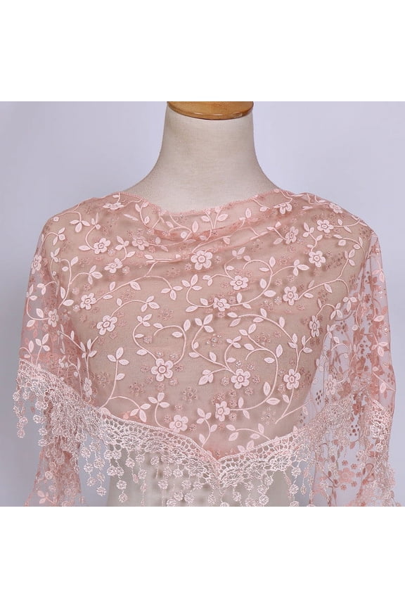 Womens Lace Floral Embroidered Scarf Lightweight Sheer Shawl Wrap with Tassel Fringe for Spring Summer Outfits, Garden Party Picnic Essential Brown