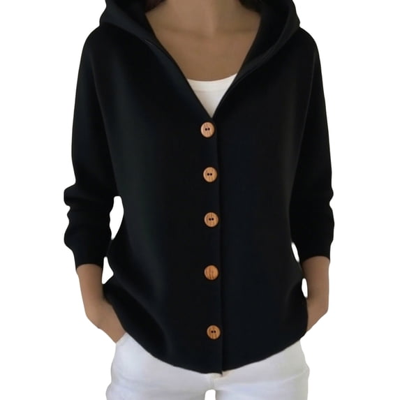 BWASD Womens Lapel Button Down Hooded Coat Casual Loose Jumper Top Solid Color Knit Sweater Warm Winter Snow Shirt Black Size XXXXXL Fall Fashion Outfits 2026 Clothes