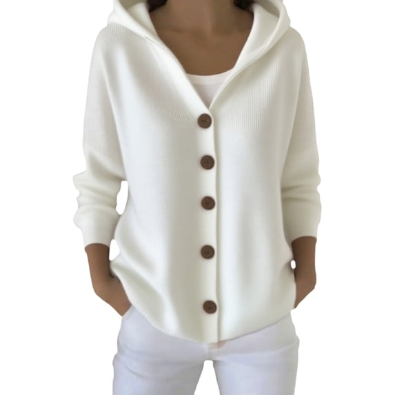 BWASD Womens Lapel Button Down Hooded Coat Casual Loose Jumper Top Solid Color Knit Sweater Warm Winter Snow Shirt White Size S Fall Fashion Outfits 2026 Clothes