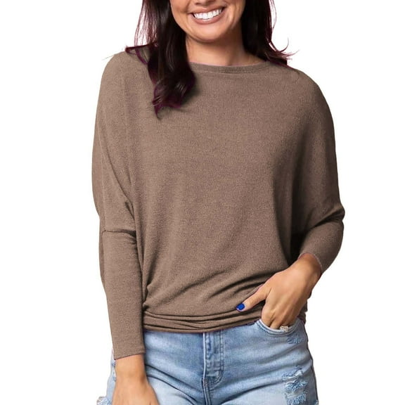 LSQii Womens Oversized Long Sleeve T Shirt Casual Basic Crewneck Tee Soft Solid Color Workout Warm Top Sweatshirts for Fall Winter Y2K Clothes Brown L