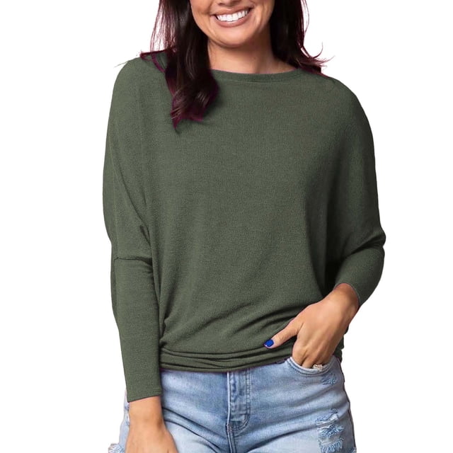 BWASD Womens Oversized Long Sleeve T Shirt Casual Basic Crewneck Tee Soft Solid Color Workout Warm Top Sweatshirts for Fall Winter Y2K Clothes Green L