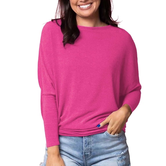 BWASD Womens Oversized Long Sleeve T Shirt Casual Basic Crewneck Tee Soft Solid Color Workout Warm Top Sweatshirts for Fall Winter Y2K Clothes Hot Pink S