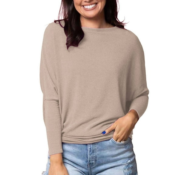 LSQii Womens Oversized Long Sleeve T Shirt Casual Basic Crewneck Tee Soft Solid Color Workout Warm Top Sweatshirts for Fall Winter Y2K Clothes Khaki XXL