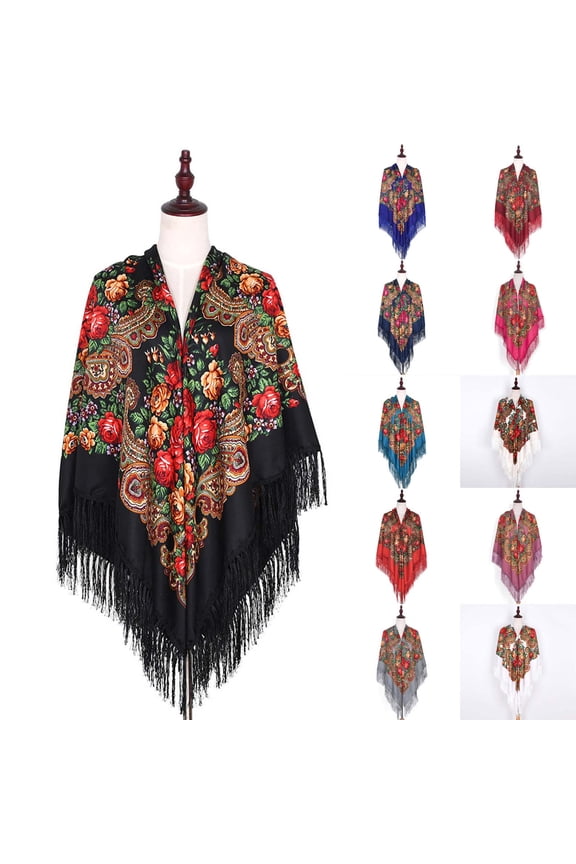 Womens Shawl Wraps Oversized Traditional Retro Floral Embroidery Scarf Wrap Casual Floral Poncho Cape Cardigan for Vacation Travel Beach Fashion Navy