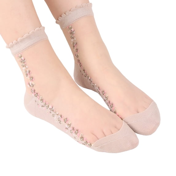 LSQii Womens Short Socks Sheer Lace Mesh Ruffled Trim Crew Sock Cute Floral Embroidered Ultra Thin Spring Summer Elastic Jacquard for Girls Beige