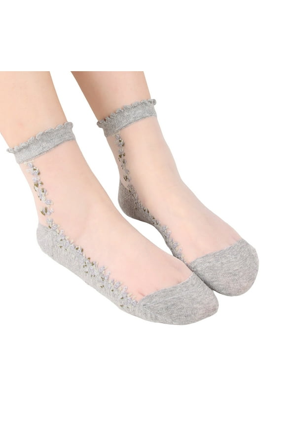 Womens Short Socks Sheer Lace Mesh Ruffled Trim Crew Sock Cute Floral Embroidered Ultra Thin Spring Summer Elastic Jacquard for Girls Gray