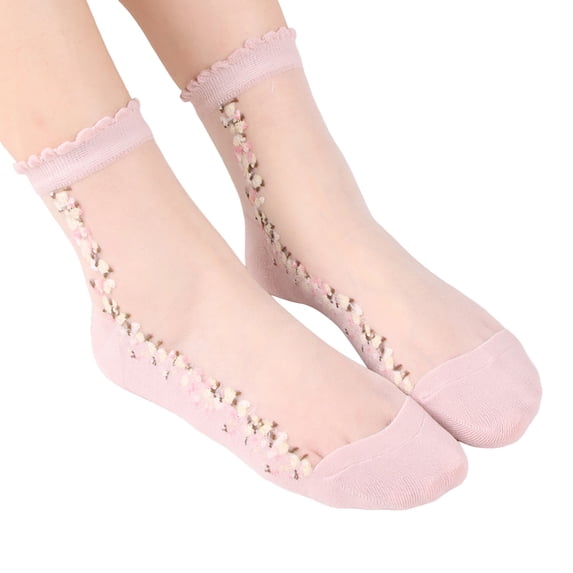 LSQii Womens Short Socks Sheer Lace Mesh Ruffled Trim Crew Sock Cute Floral Embroidered Ultra Thin Spring Summer Elastic Jacquard for Girls Pink