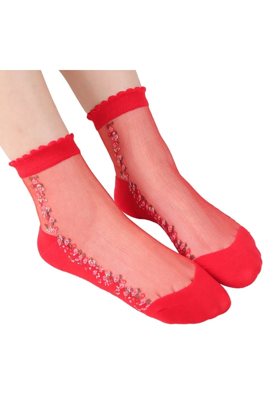 Womens Short Socks Sheer Lace Mesh Ruffled Trim Crew Sock Cute Floral Embroidered Ultra Thin Spring Summer Elastic Jacquard for Girls Red