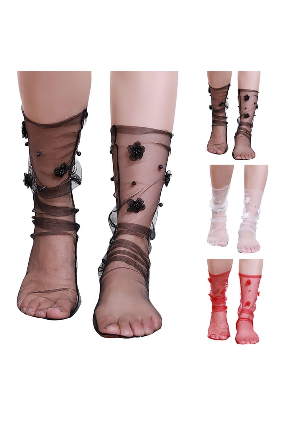 Womens Socks Casual Sheer Floral Embroided Boho Crew Sock Sweet LightWeight Breathable Thin Non Slip Travel, Vacation and Daily Wear Summer Trendy White