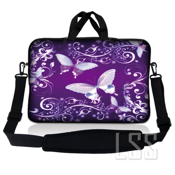 LSS 10-11.6 inch Laptop Sleeve Bag Compatible with Acer, Dell, Sony, MacBook and More, Carrying Case Pouch w/ Handle & Strap - Purple Butterfly