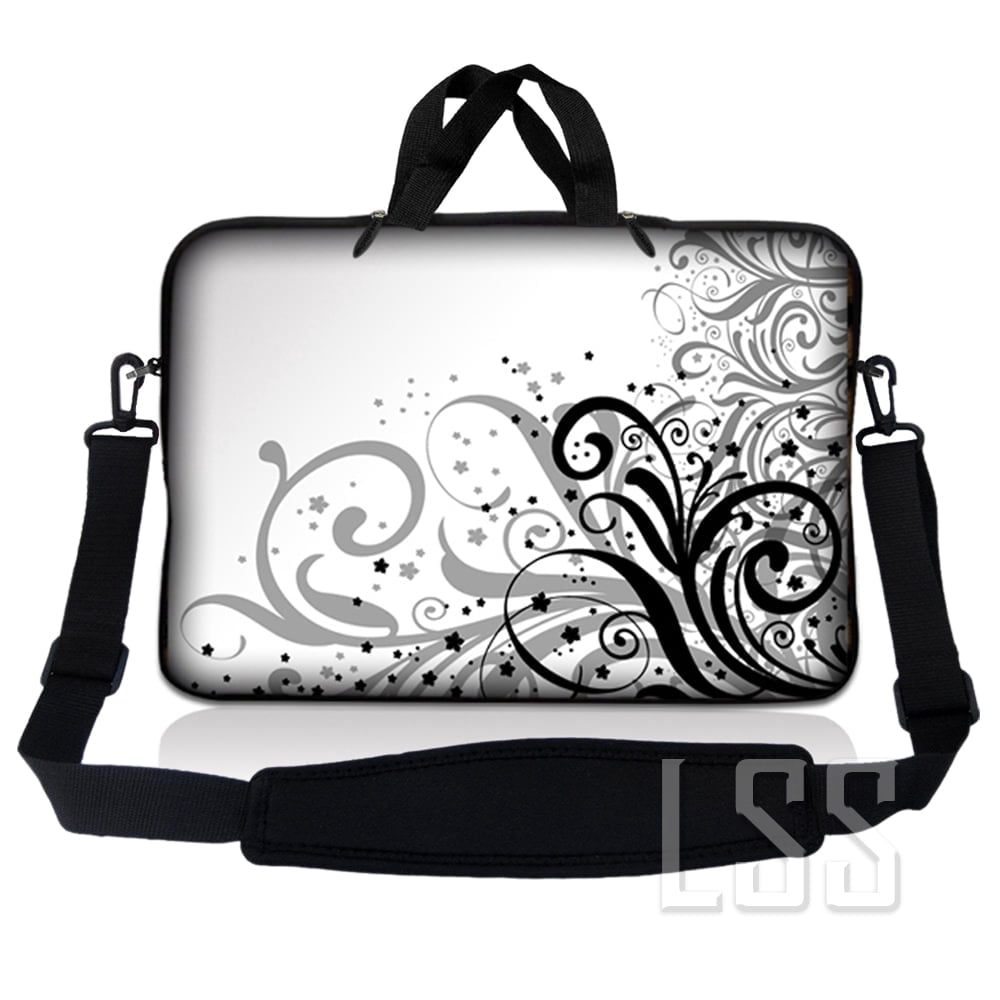 LSS 12-13.3 inch Laptop Sleeve Bag Compatible with Acer, Dell, HP, Sony, MacBook, Carrying Case w/ Handle & Adjustable Strap - Grey Swirl Black & White Floral
